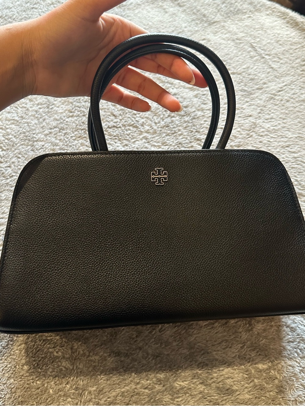 Tory Burch Black Pebbled Leather Top-Handle Satchel with Logo